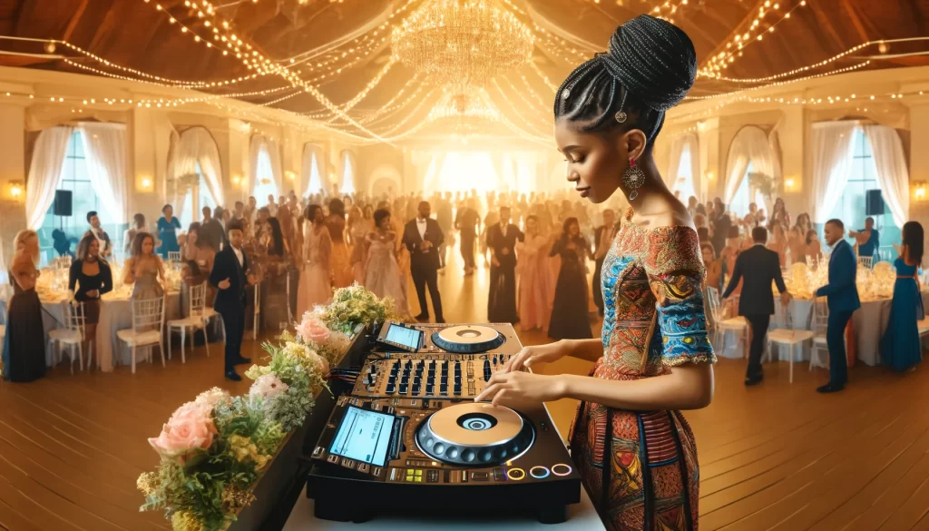 Illustration d'un DJ professionnel animant une réception de mariage avec style.