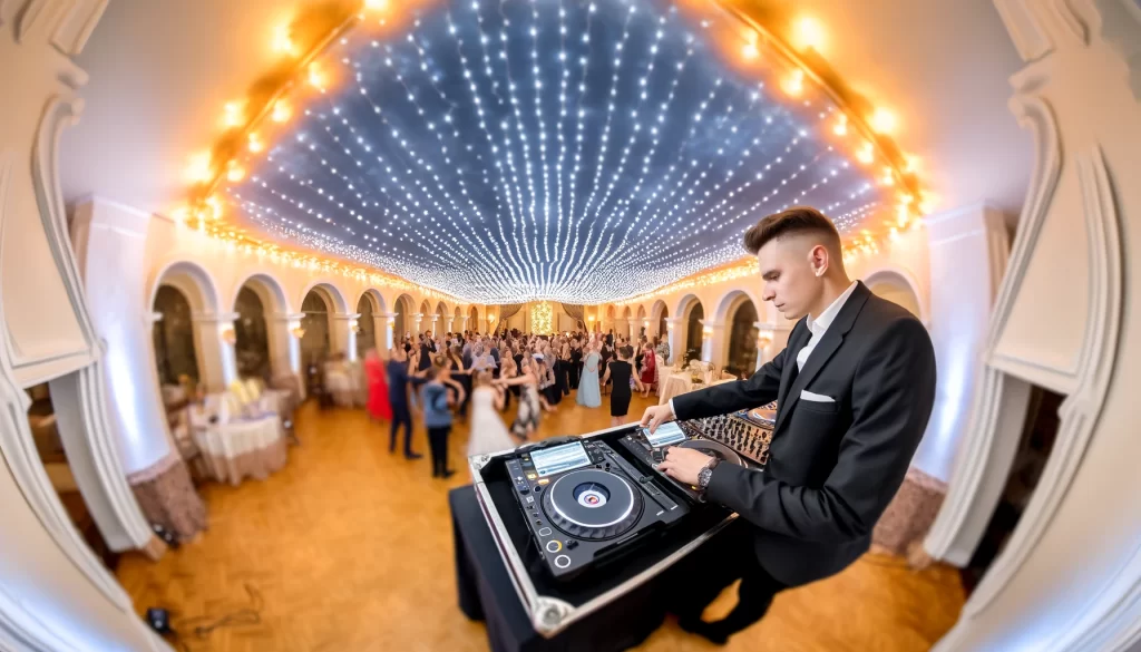 Illustration d'un DJ de mariage animant une réception avec une foule dansante