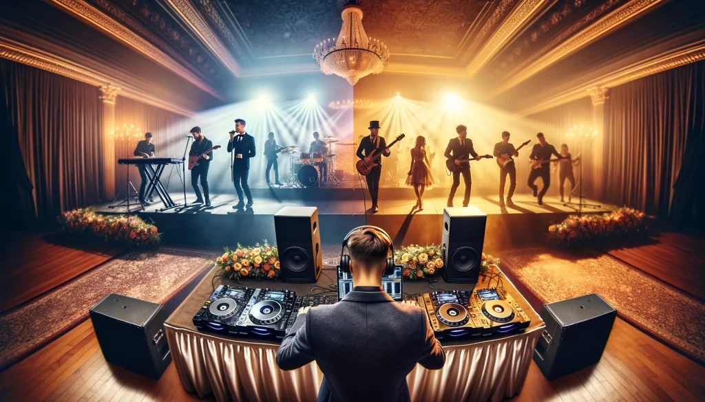 Illustration représentant un choix entre un DJ et un groupe pour animer une réception de mariage.